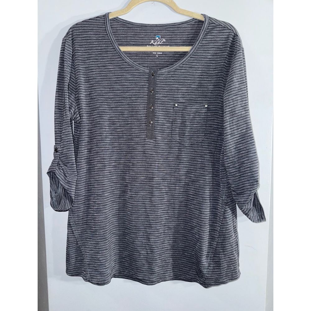 Kuhl pullover gray striped metal button Henley roll tab sleeves size large